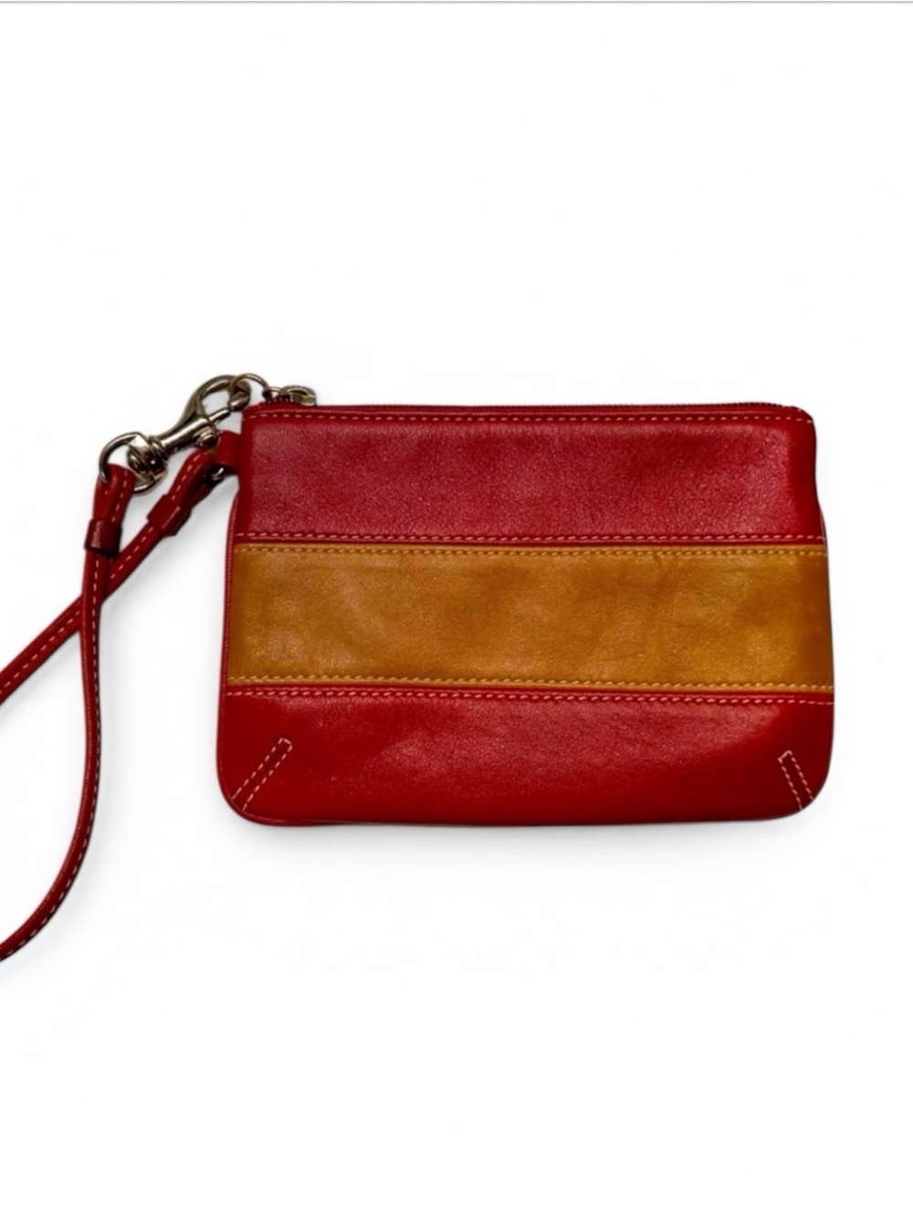 Coach Legacy Red Tan Colorblock Leather Top Stitch Wristlet Pouch Bag